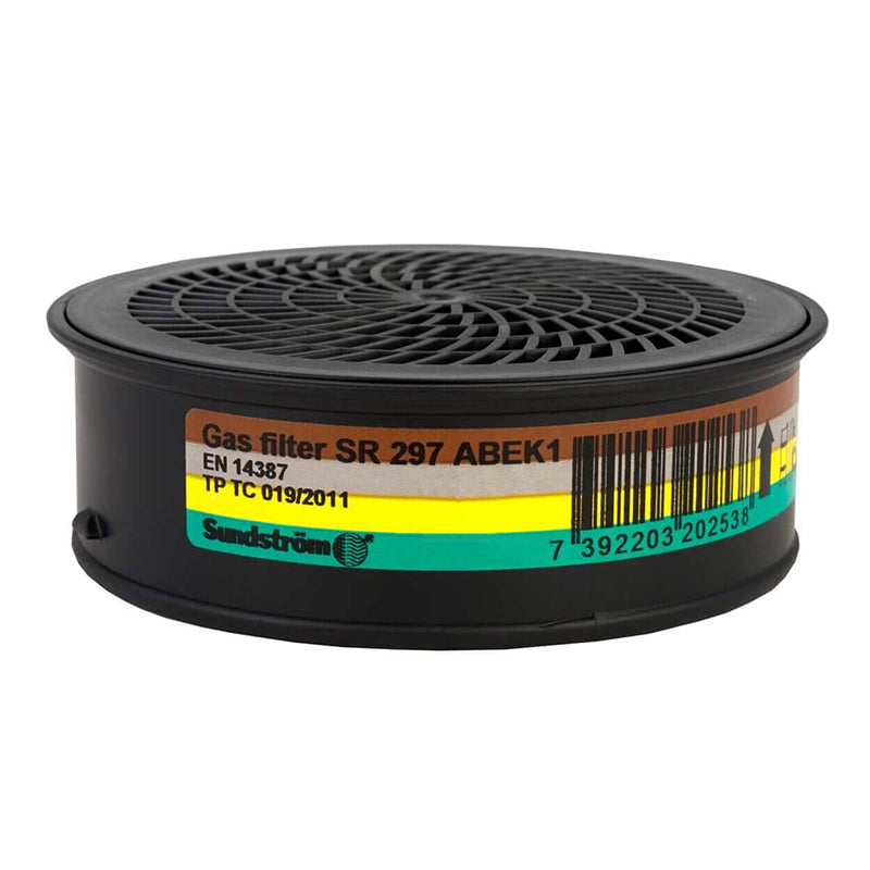 A close-up profile view of a black Sundström SR 297 ABEK1 gas filter with a distinct brown, grey, yellow, and green color-coded label against a white background.