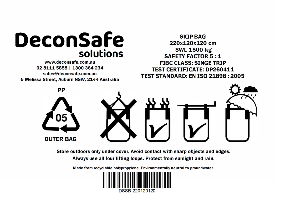 DeconSafe 1500kg FIBC skip bag label showing 5:1 safety factor, EN ISO 21898:2005 test standard and handling instructions