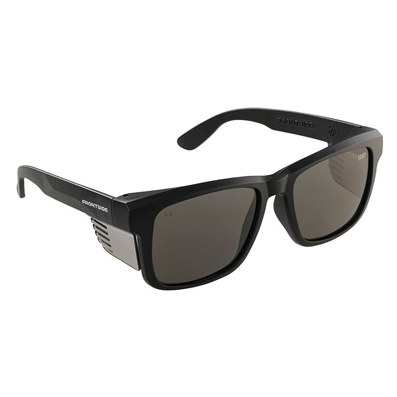 Frontside protective eyewear featuring a matte black classic frame, tinted dark lenses, and integrated metal side glare protection.