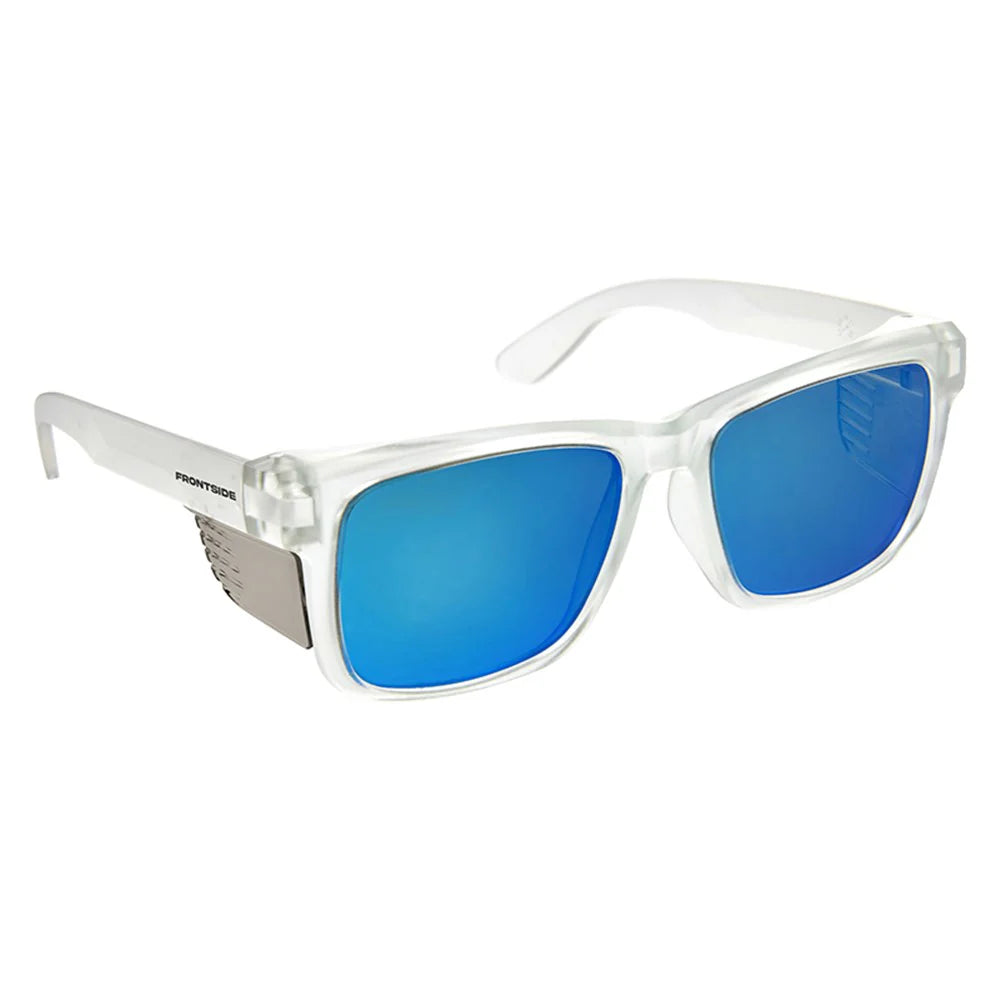 Frontside safety glasses with clear frames, blue mirrored lenses, and integrated side shields on a white background.