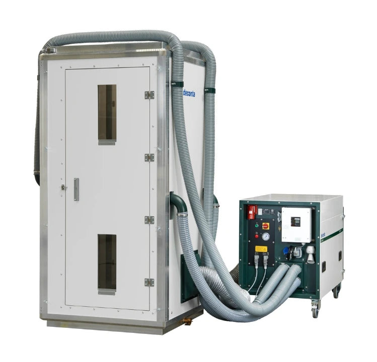 Air shower green dec: hazmat decontamination shower for asbestos removal.