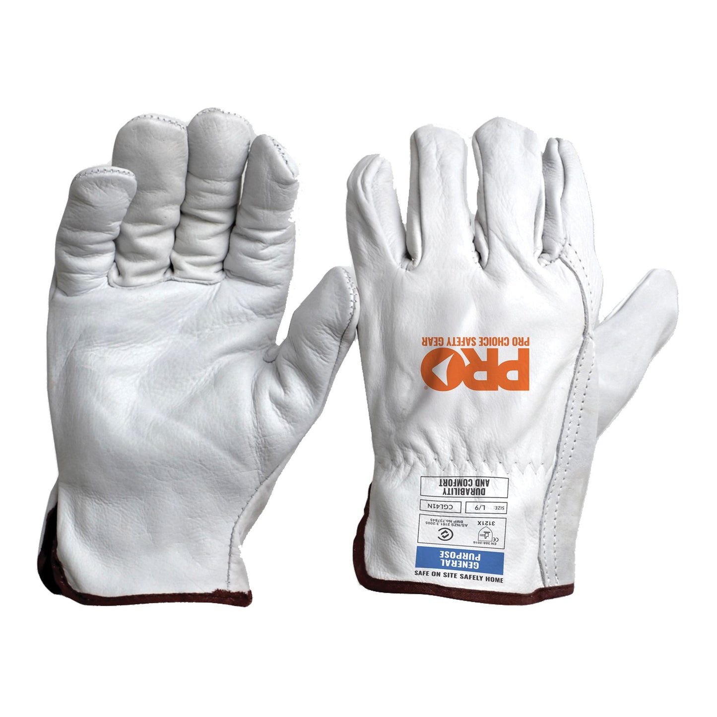 Pro Choice full white leather general purpose work gloves showing the palm and back with the orange Pro Choice logo.