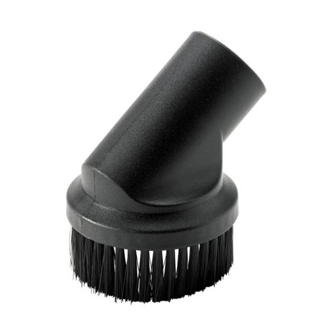 Black plastic vacuum brush attachment with a angled nozzle and soft bristles, shown on a plain white background.