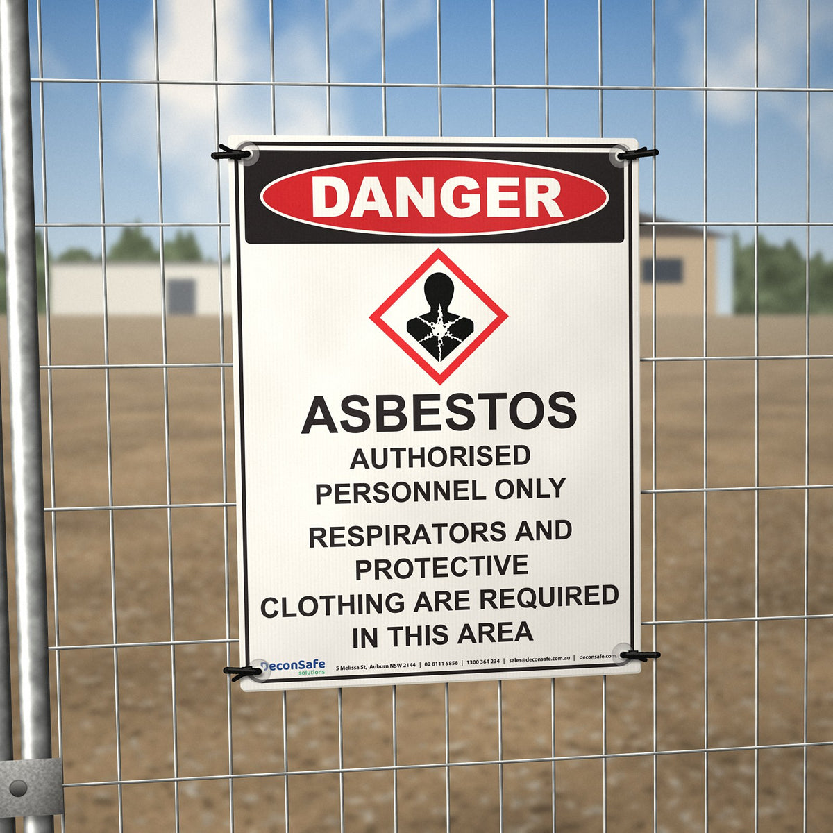 Danger Asbestos Authorised Personnel Only sign cable-tied to a temporary site fence