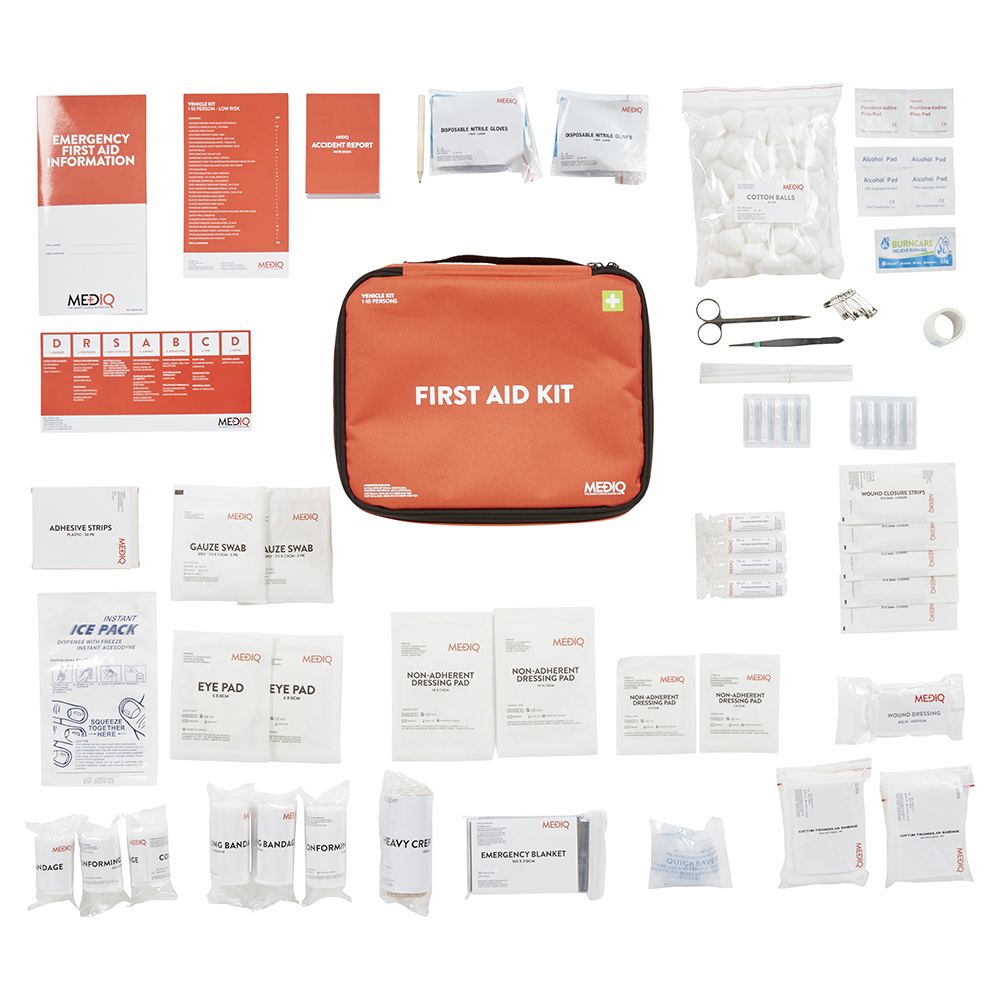 MEDIQ first aid kit with various components on a white background