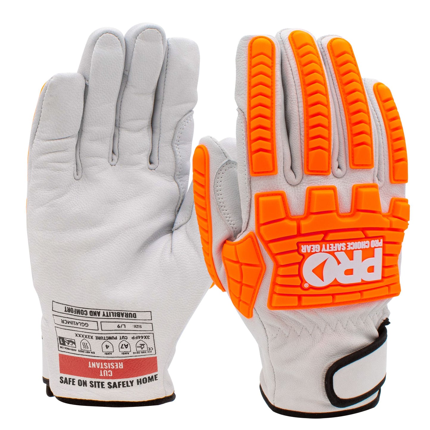 Pro Choice safety gloves featuring grey leather palms and high-visibility orange impact protection on the back.