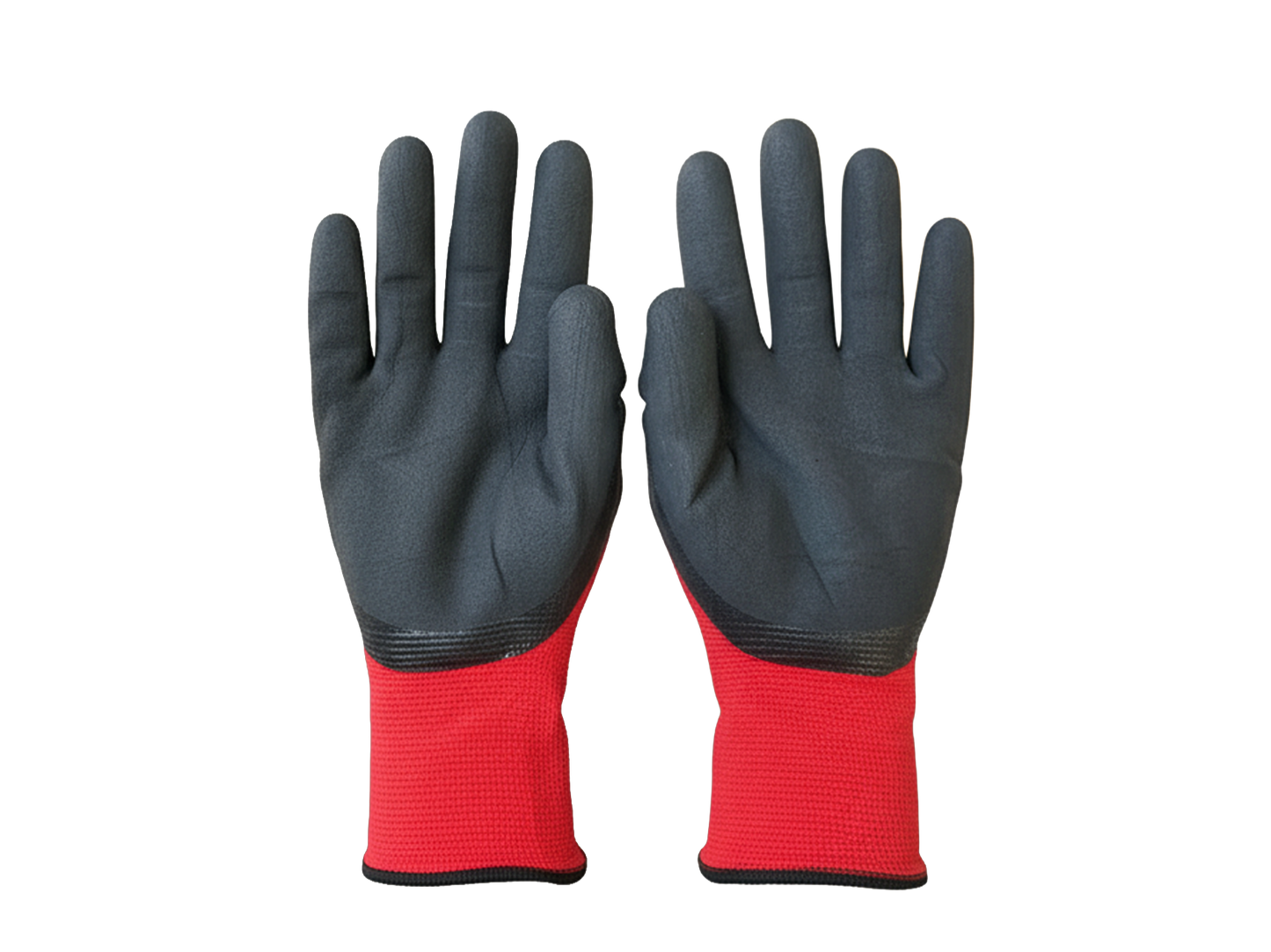 A pair of protective work gloves featuring red knitted cuffs and black nitrile-coated palms and fingers.