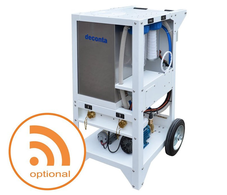 Deconta SW50L portable 50-litre decontamination water filtration unit with dual filter housings and smart remote control option.