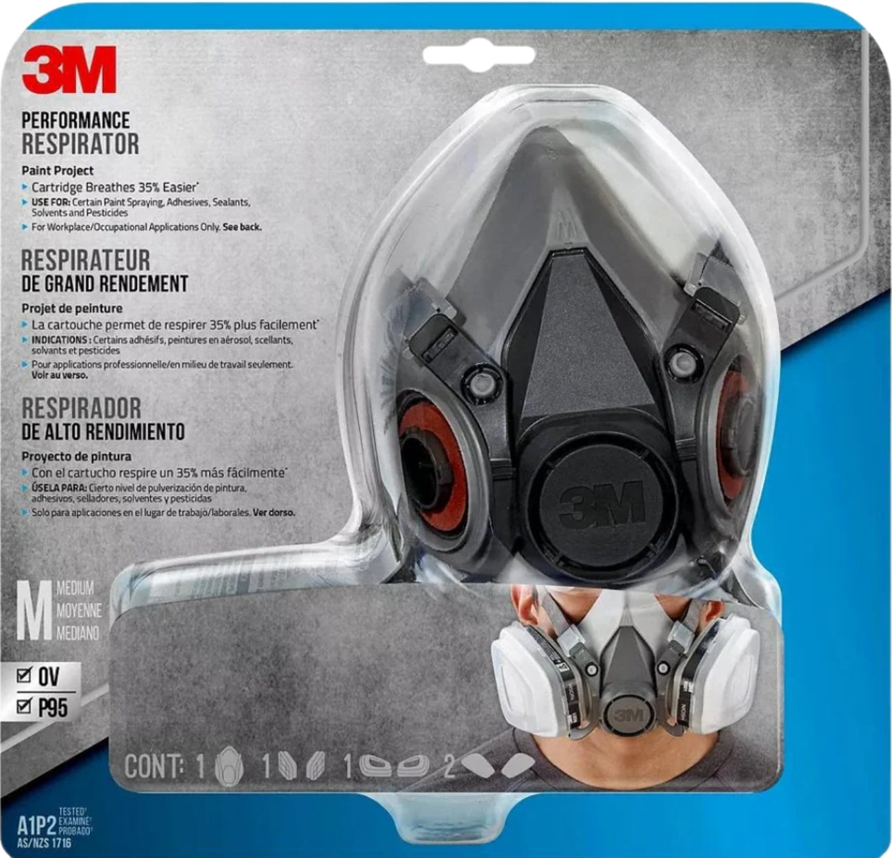 A 3M Performance Respirator for paint projects, shown in its original retail packaging with information about its OV/P95 protection level and usage instructions.