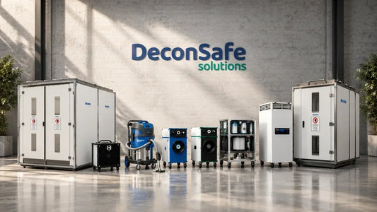 Range of Deconta decontamination units, negative pressure units, Nilfisk H-Class vacuum, air scrubbers and water treatment systems supplied by DeconSafe Solutions across Australia and New Zealand.