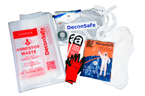 DeconSafe asbestos waste disposal kit with bags, gloves on a white background
