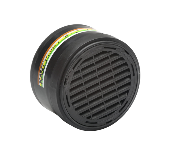 A black Kasco respirator filter cartridge with color-coded safety certification markings, isolated on a transparent background.