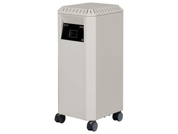 A portable, white industrial air purification unit on wheels, featuring a digital display labeled "deconta R 150."