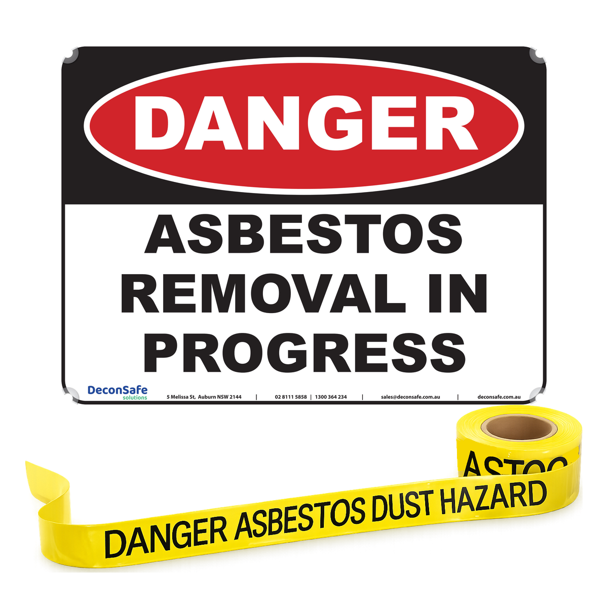Danger Asbestos Removal In Progress sign with yellow Danger Asbestos Dust Hazard barricade tape
