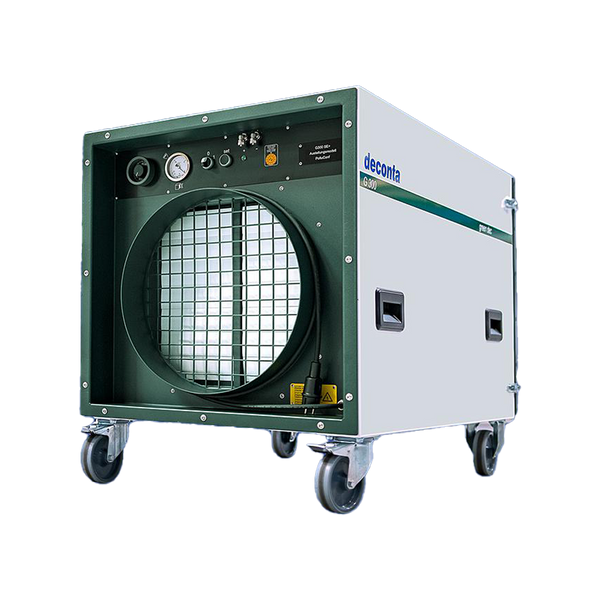 A portable Deconta G 300 industrial air filtration unit on wheels, featuring a large circular intake grill, pressure gauge, and control settings on the front panel.