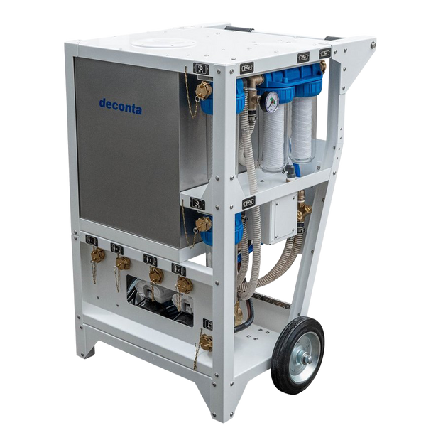 Deconta SW120L 120-litre decontamination water treatment system with integrated multi-stage filters and pressure gauge.
