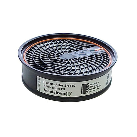 Another look at the Sundström SR 510 Particle Filter (Filter class P3). It has the same black plastic casing, spiral top grid, and white certification label.