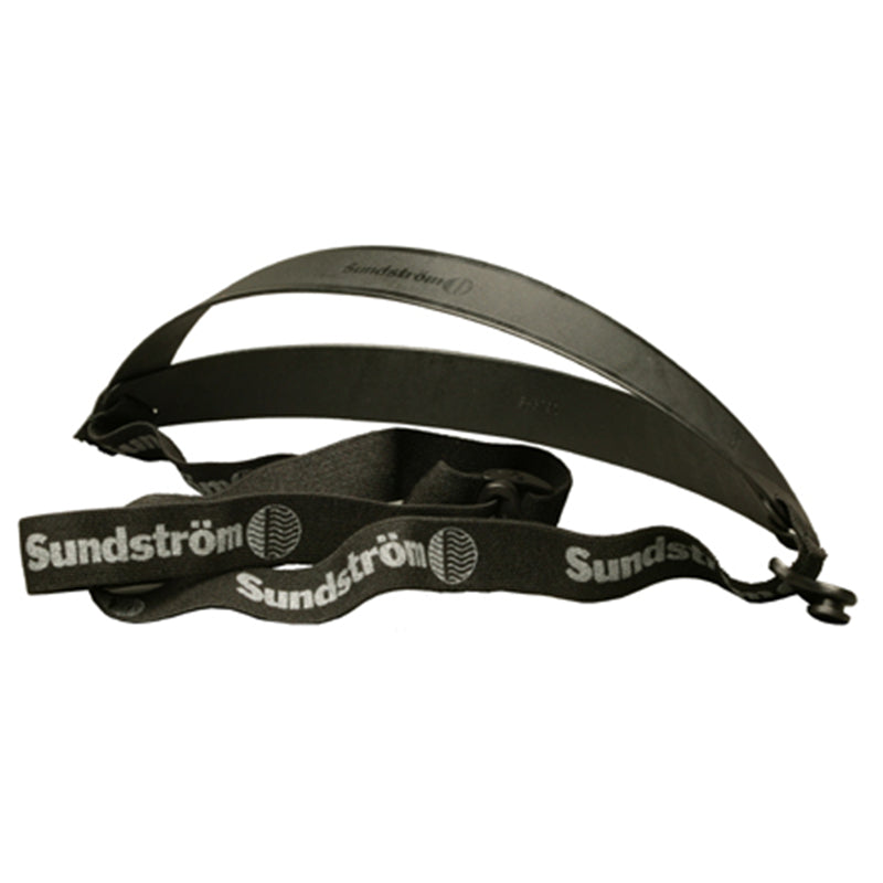 A black replacement head harness for a Sundström respirator, featuring a curved plastic crown strap and woven elastic straps printed with the Sundström logo.