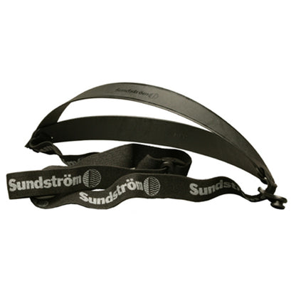 A black replacement head harness for a Sundström respirator, featuring a curved plastic crown strap and woven elastic straps printed with the Sundström logo.
