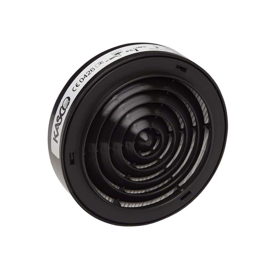A circular Kasco respirator filter cartridge with a black concentric grille design.