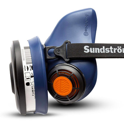 Side profile of a blue Sundström half-mask respirator with a filter and an orange valve.