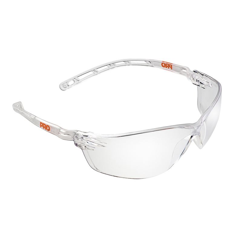 Pro Choice safety glasses with clear impact-resistant lenses and a lightweight transparent frame.