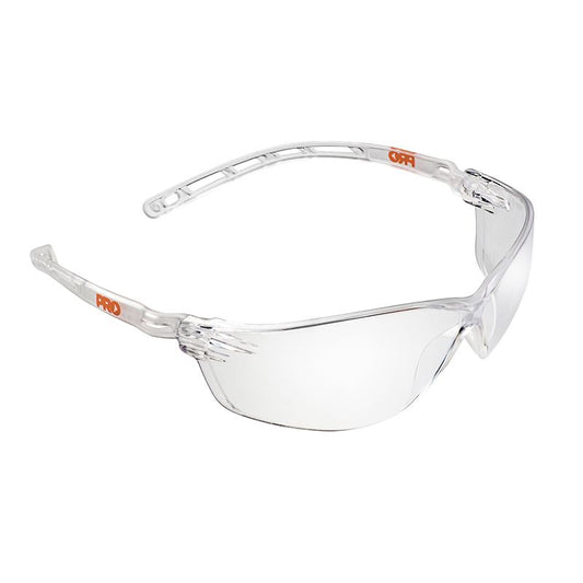 Pro Choice safety glasses with clear impact-resistant lenses and a lightweight transparent frame.
