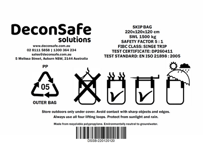 DeconSafe 1500kg FIBC skip bag label showing 5:1 safety factor, EN ISO 21898:2005 test standard and handling instructions