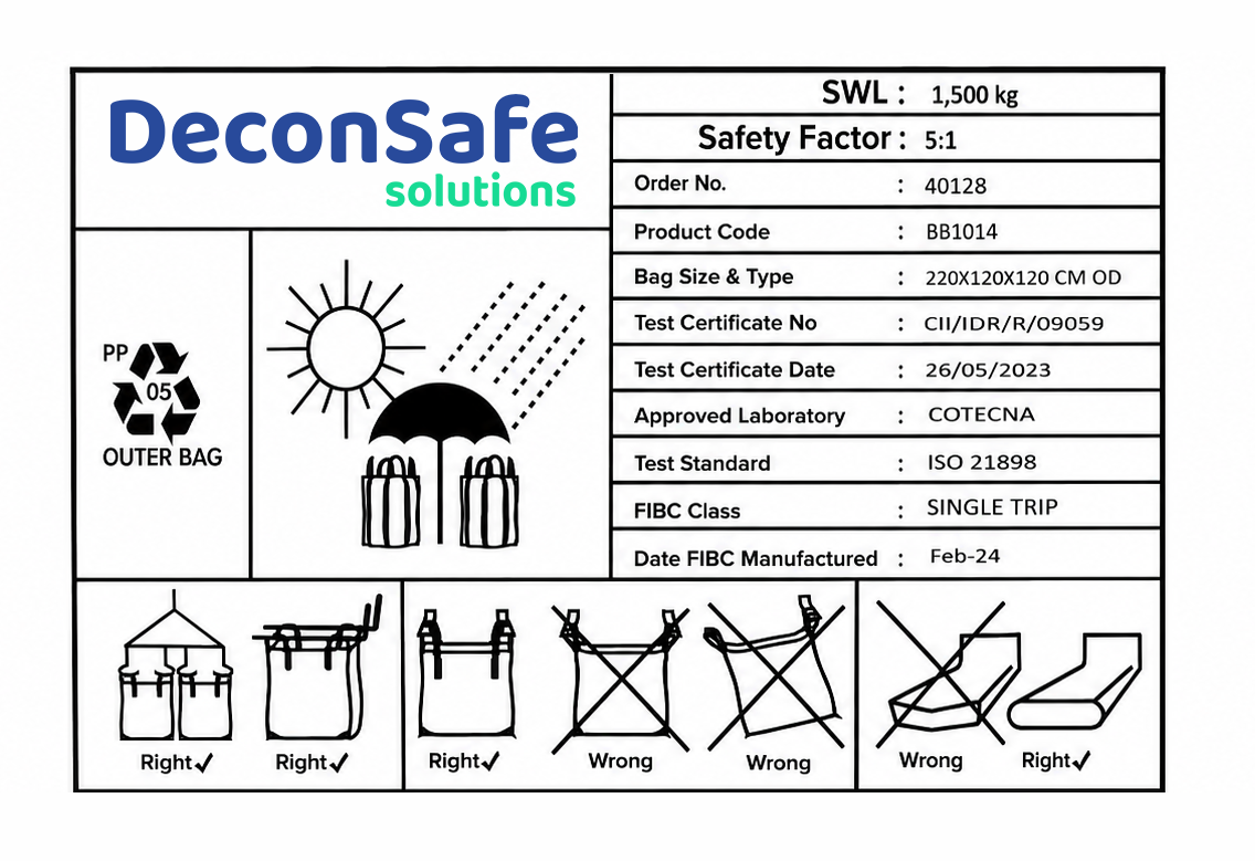 Technical specification and safety label for a DeconSafe FIBC bulk bag, showing a 1,500 kg capacity, storage guidelines, and lifting diagrams.