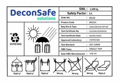 Technical specification and safety label for a DeconSafe FIBC bulk bag, showing a 1,500 kg capacity, storage guidelines, and lifting diagrams.