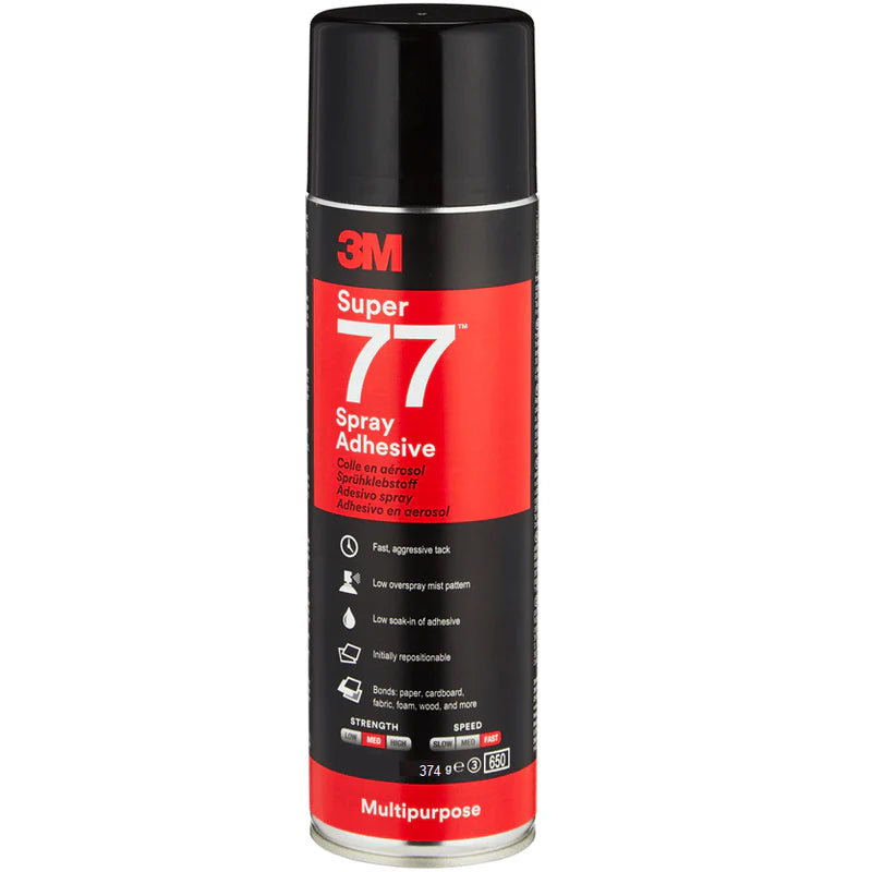 3M Super 77 Multipurpose Spray Adhesive 374g aerosol can for bonding paper, cardboard, foam, and wood.