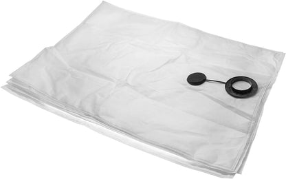 A stack of large, rectangular white replacement vacuum cleaner bags, with the top bag featuring a black rubber inlet ring and an attached circular cap.