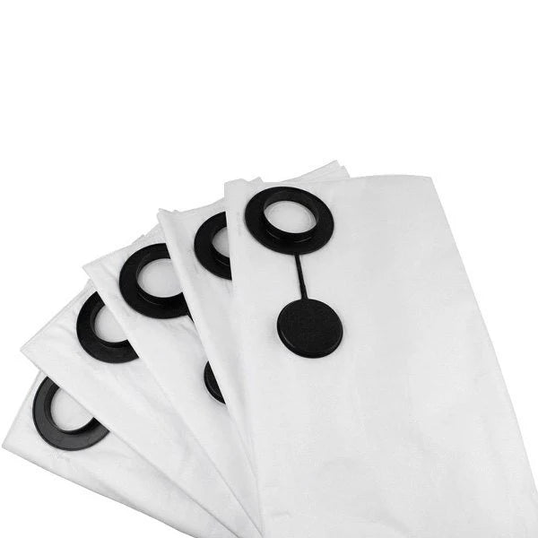 Five white replacement vacuum cleaner bags fanned out, each featuring a black circular rubber inlet seal, with the front bag showing an attached rubber closing cap.