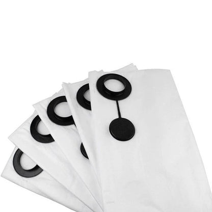 Five white replacement vacuum cleaner bags fanned out, each featuring a black circular rubber inlet seal, with the front bag showing an attached rubber closing cap.