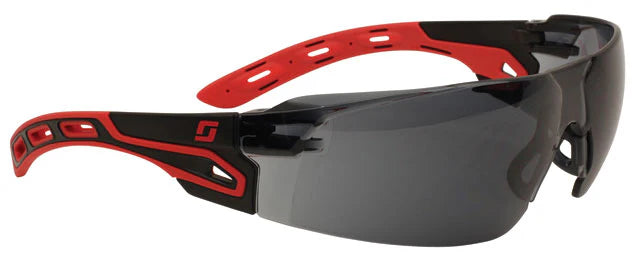 Sporty safety glasses with tinted lenses, black and red frames, and rubberized temple grips.