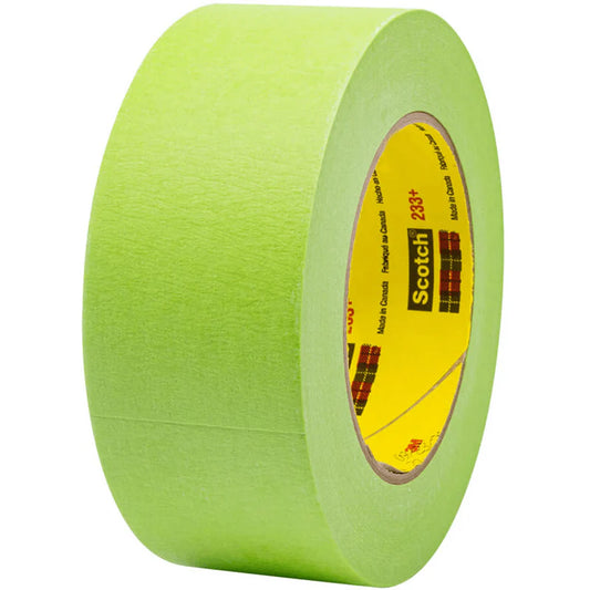 A roll of premium-grade, bright green 3M Scotch 233+ performance automotive masking tape on a white background.