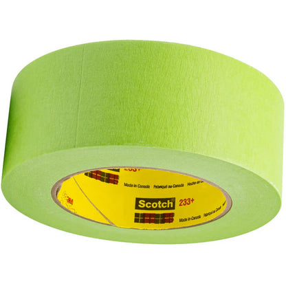 A roll of bright green 3M Scotch 233+ premium automotive masking tape shown from a slightly elevated angle against a white background.