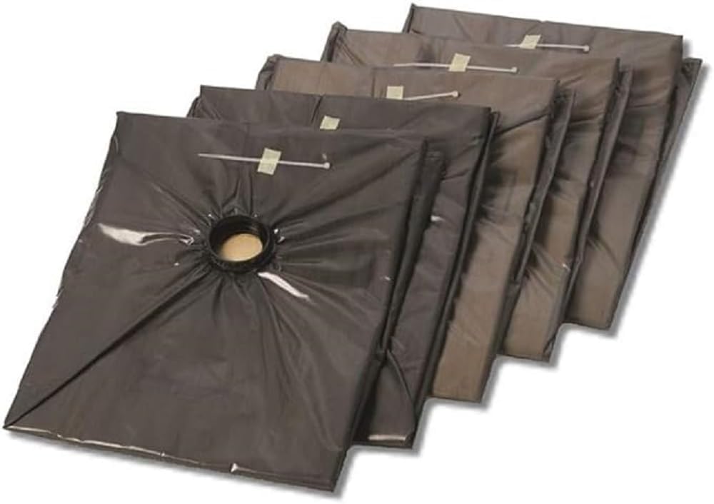 Five square, dark grey hazardous waste bags arranged in a row, each featuring a centered circular opening and a zip tie taped near the top.