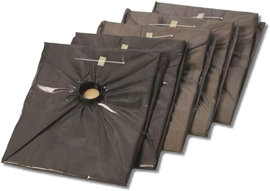 Five square, dark grey hazardous waste bags arranged in a row, each featuring a centered circular opening and a zip tie taped near the top.