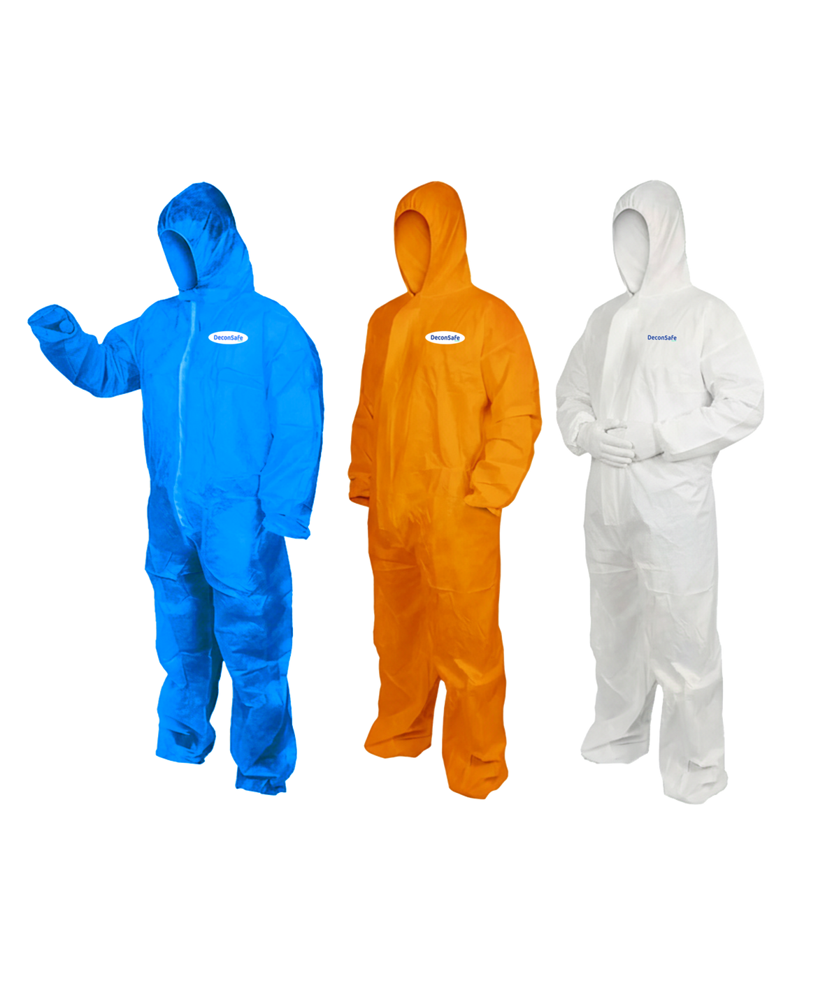 Blue, orange and white 55gsm SMS Type 5/6 disposable asbestos coveralls with protective hoods