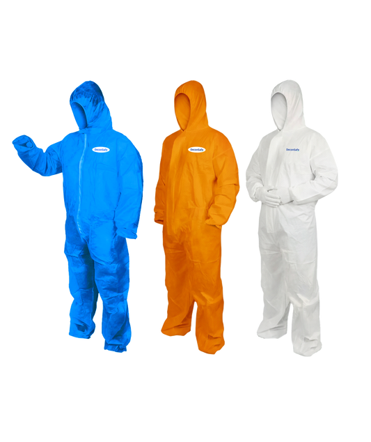 Blue, orange and white 55gsm SMS Type 5/6 disposable asbestos coveralls with protective hoods