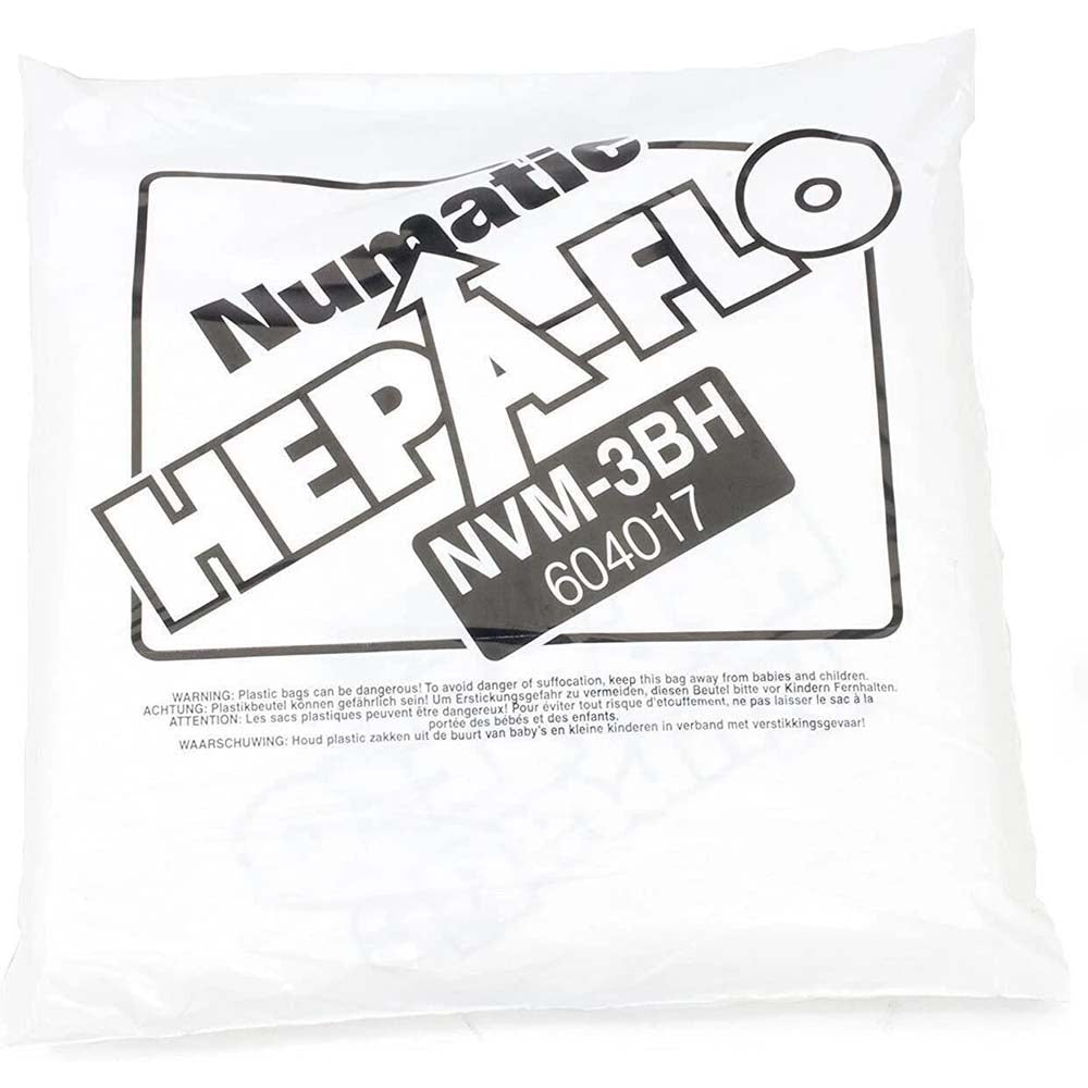A white plastic packaging bag for a Numatic HEPA-FLO vacuum filter, model NVM-3BH (604017), featuring black printed branding, product information, and safety warnings.