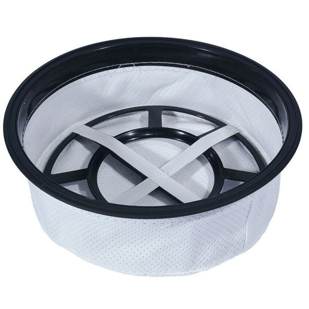A circular, shallow filter assembly featuring a white fabric filter element held within a black plastic frame, which includes a cross-shaped support structure across the center.