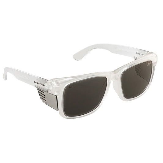 Frontside protective eyewear featuring clear classic frames, tinted dark lenses, and integrated metal side glare protection.