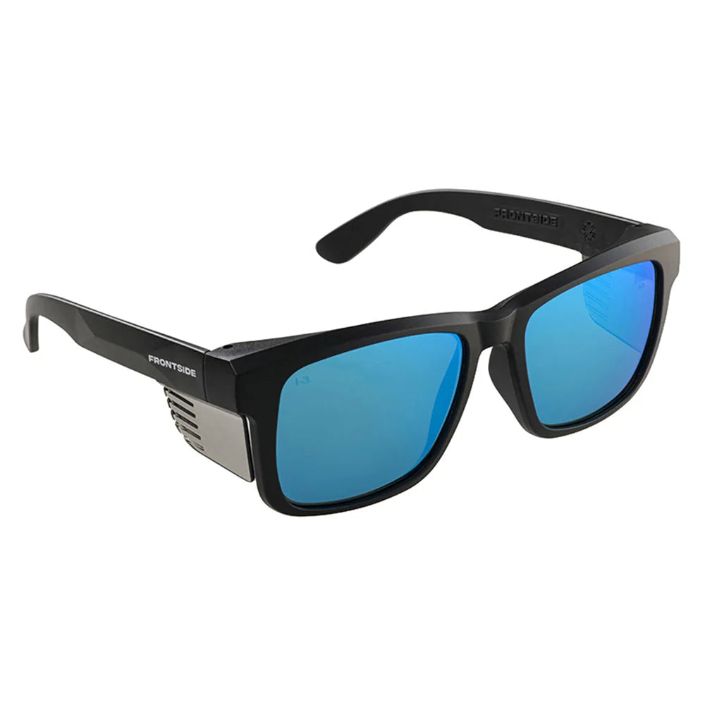 Frontside safety glasses with black frames, blue mirrored lenses, and protective metal side shields.
