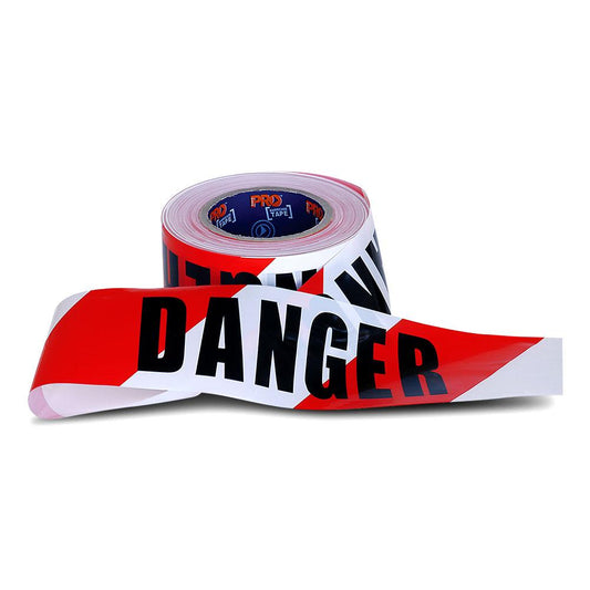 A roll of red, white, and black Pro Barricade Tape with a strip unrolled in the foreground. The tape prominently features the word "DANGER" printed in bold black lettering against a white and red striped pattern.