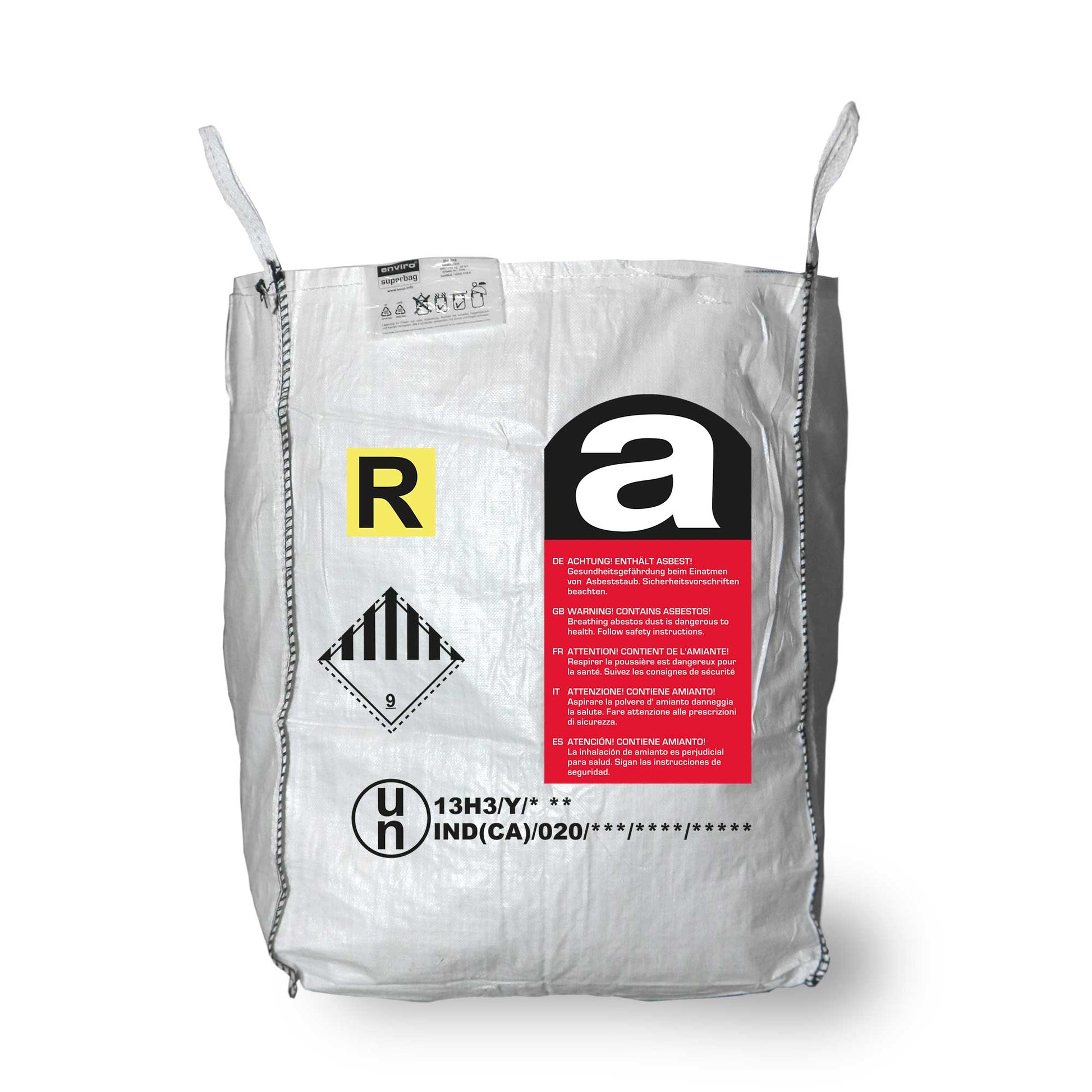 White industrial bulk bag labeled with asbestos warning signs and hazard classification. UN bags