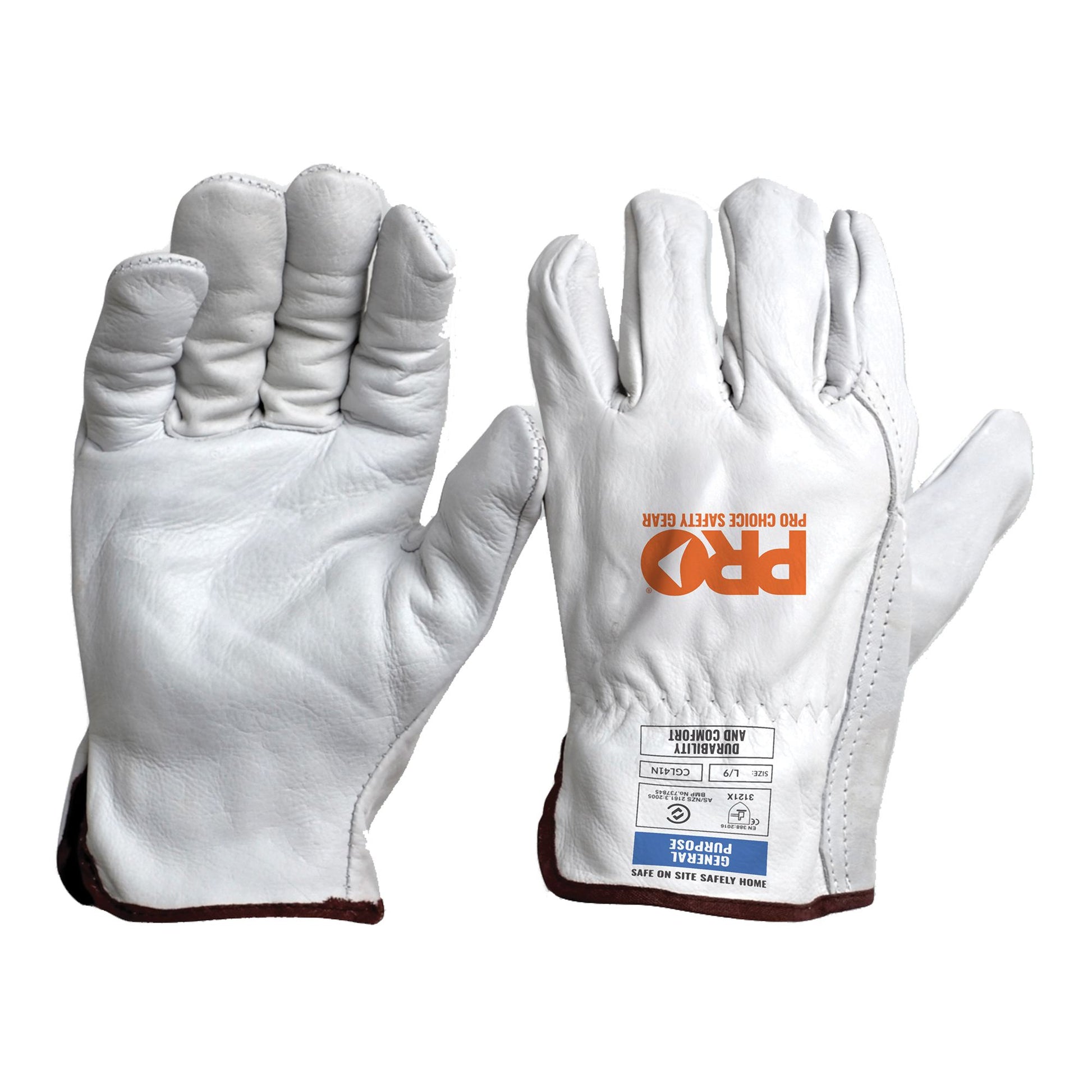 Pro Choice full white leather general purpose work gloves showing the palm and back with the orange Pro Choice logo.