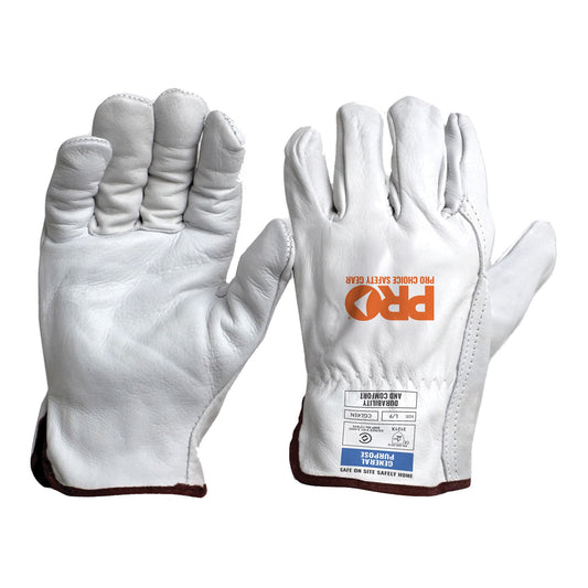 Pro Choice full white leather general purpose work gloves showing the palm and back with the orange Pro Choice logo.