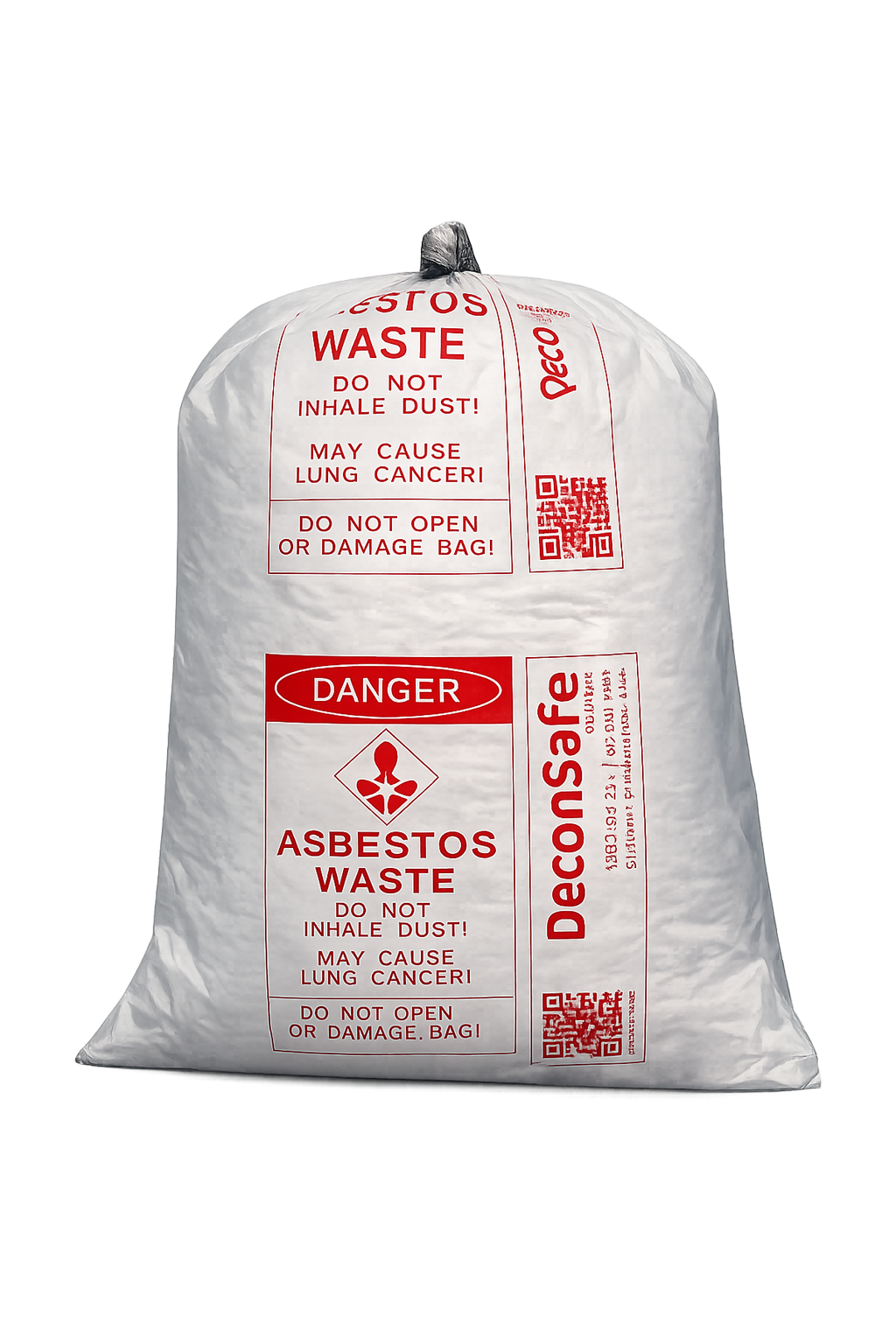 DeconSafe Solutions heavy-duty asbestos waste disposal bag with red regulatory danger warnings and QR codes on a transparent background.
